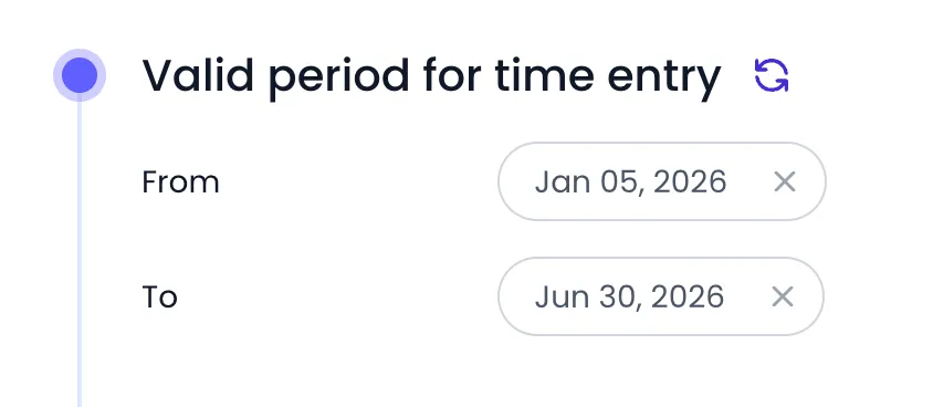 Beebole Valid period for time entry panel of the Brand Campaign project with From set to Jan 05, 2026 and To set to Jun 30, 2026, each with a clear button