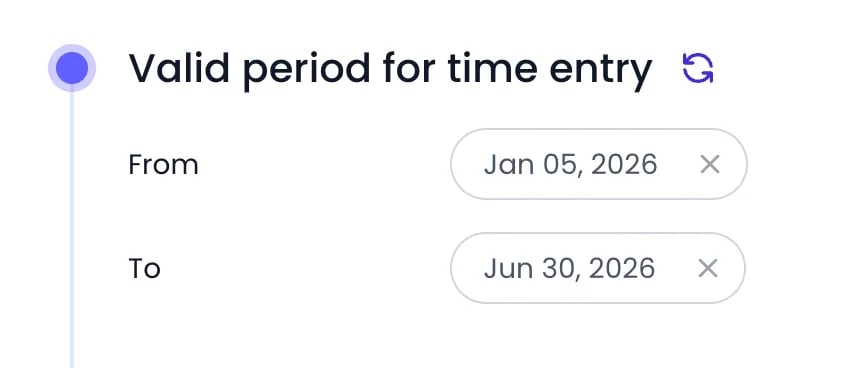 Beebole Valid period for time entry panel of the Brand Campaign project with From set to Jan 05, 2026 and To set to Jun 30, 2026, each with a clear button