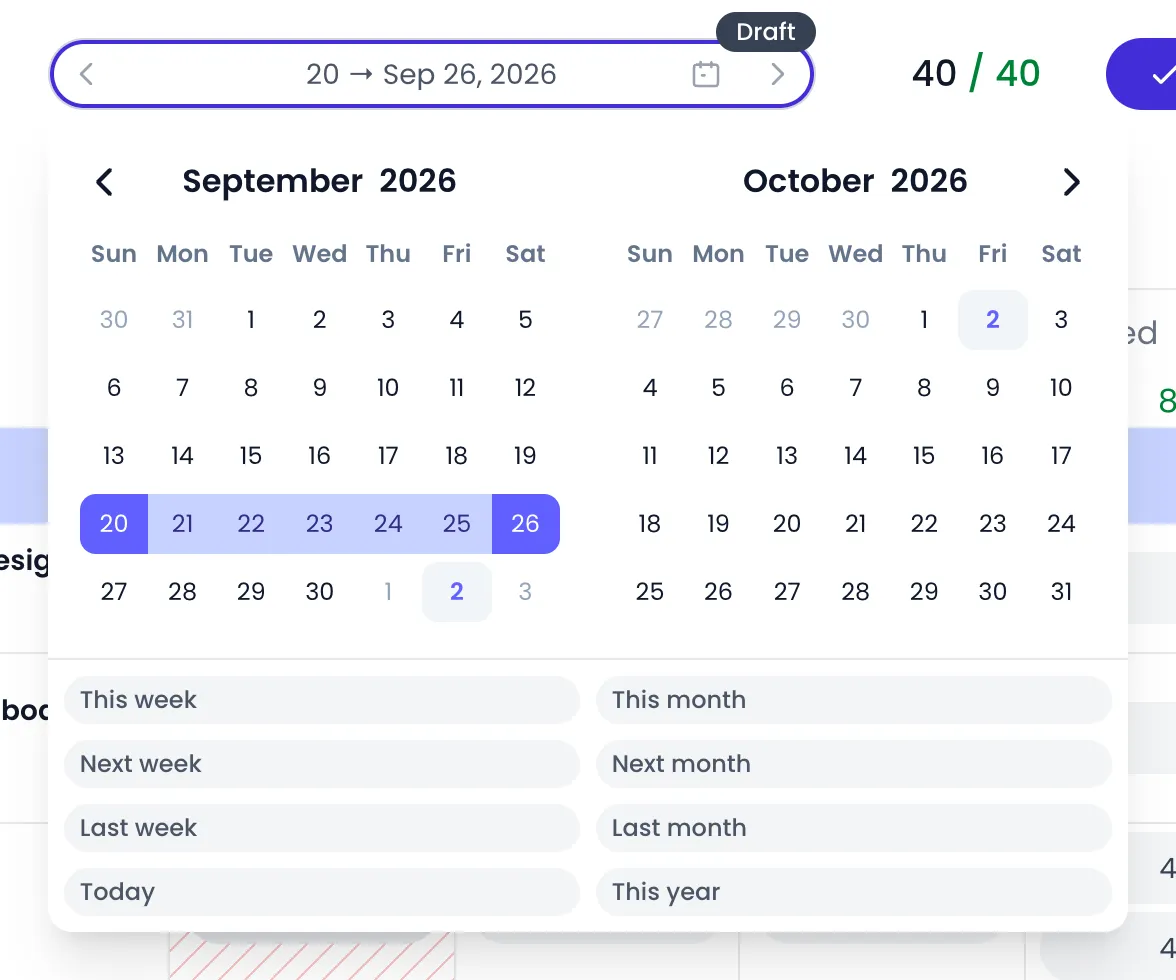 Beebole timesheet date picker opened under the date range of the week of September 20 to 26, 2026, showing September and October 2026 with the week highlighted, and the This week, Next week, Last week, Today, This month, Next month, Last month and This year shortcuts