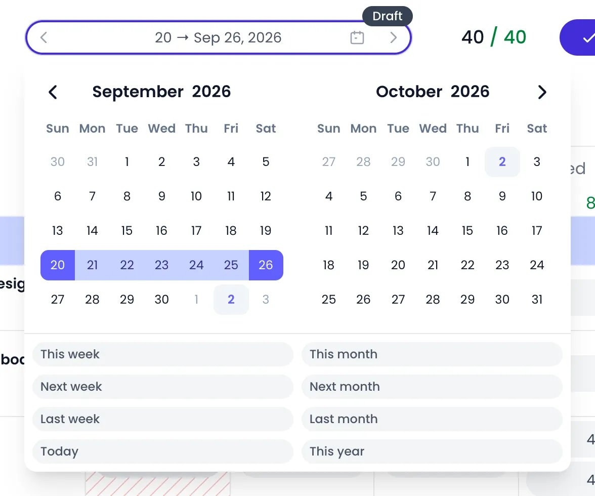 Beebole timesheet date picker opened under the date range of the week of September 20 to 26, 2026, showing September and October 2026 with the week highlighted, and the This week, Next week, Last week, Today, This month, Next month, Last month and This year shortcuts