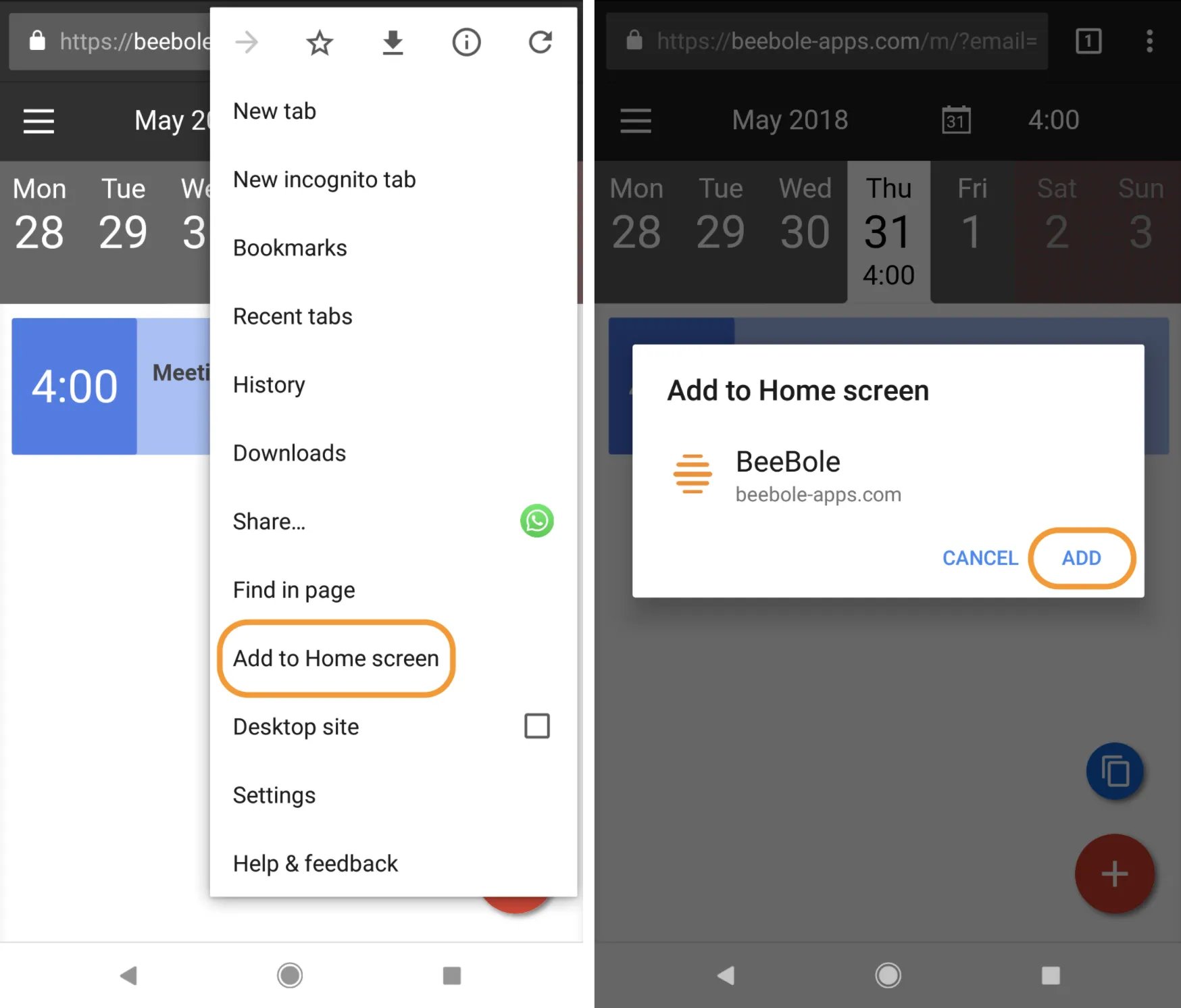 Add Beebole's mobile app to your home screen on Android