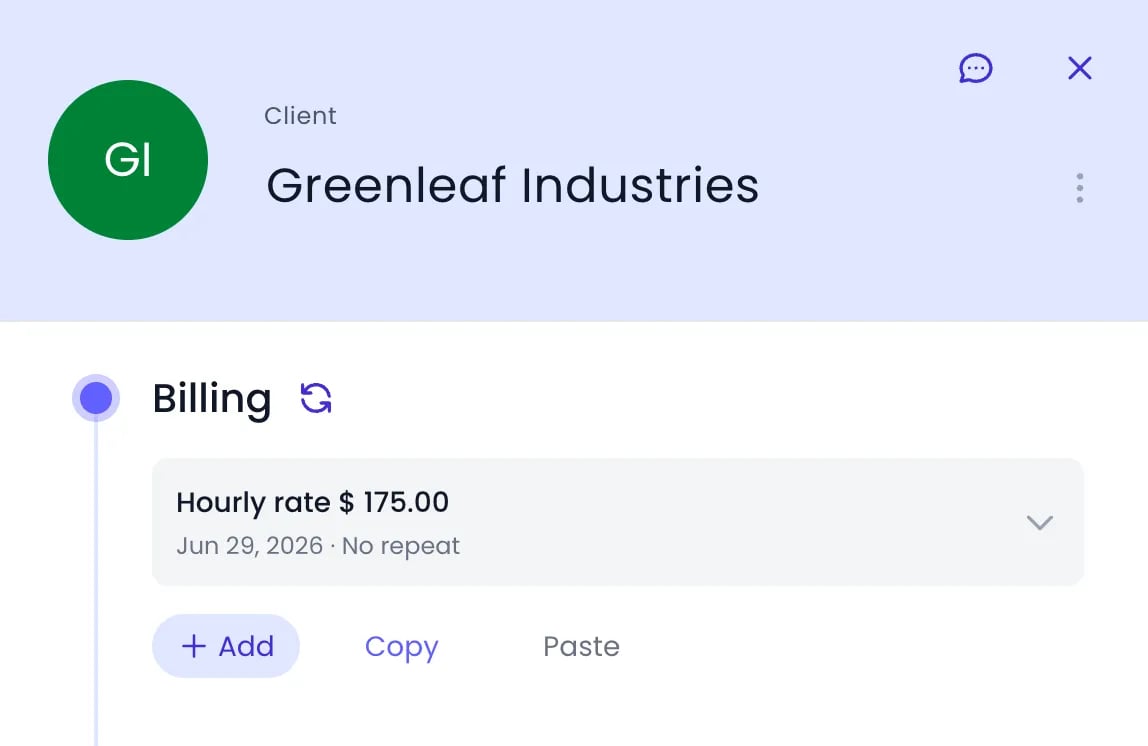 Beebole side panel of the Greenleaf Industries client with its Billing panel open: an Hourly rate of $175.00 from Jun 29, 2026, and below it the Add, Copy and Paste buttons