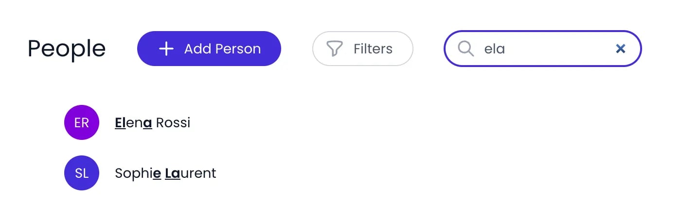 Beebole People list with ela typed in the Search by name field and two results, Elena Rossi and Sophie Laurent, with the matched letters E, l and a of Elena and e, L and a of Sophie Laurent shown in bold and underlined