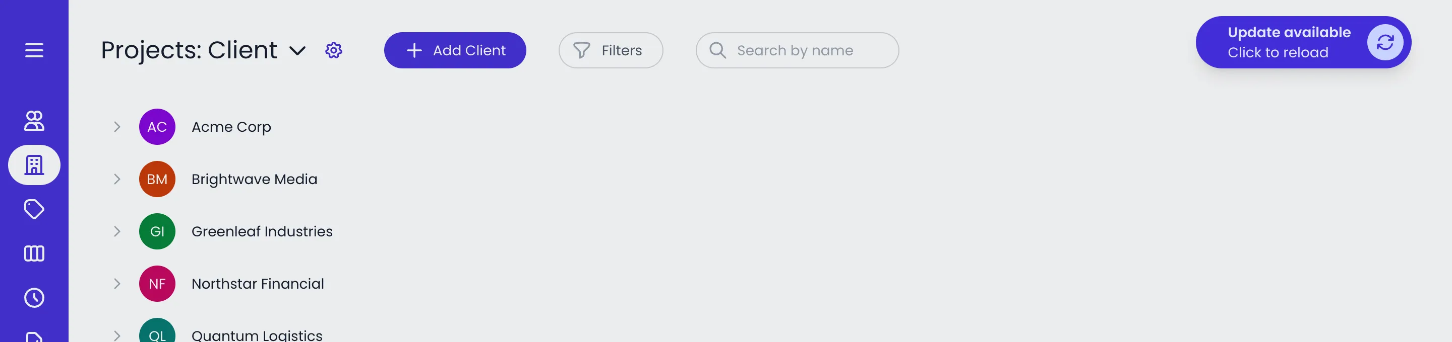 Beebole Projects page dimmed behind the Update available banner at the top right of the screen, which reads Click to reload next to a reload icon