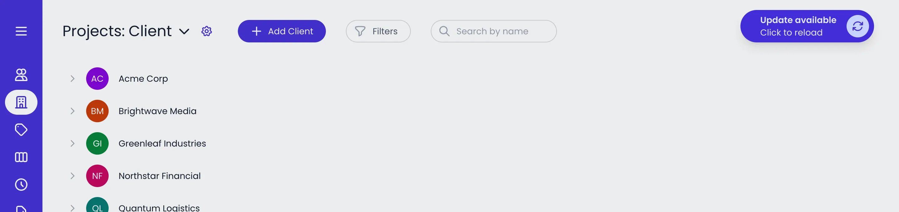 Beebole Projects page dimmed behind the Update available banner at the top right of the screen, which reads Click to reload next to a reload icon