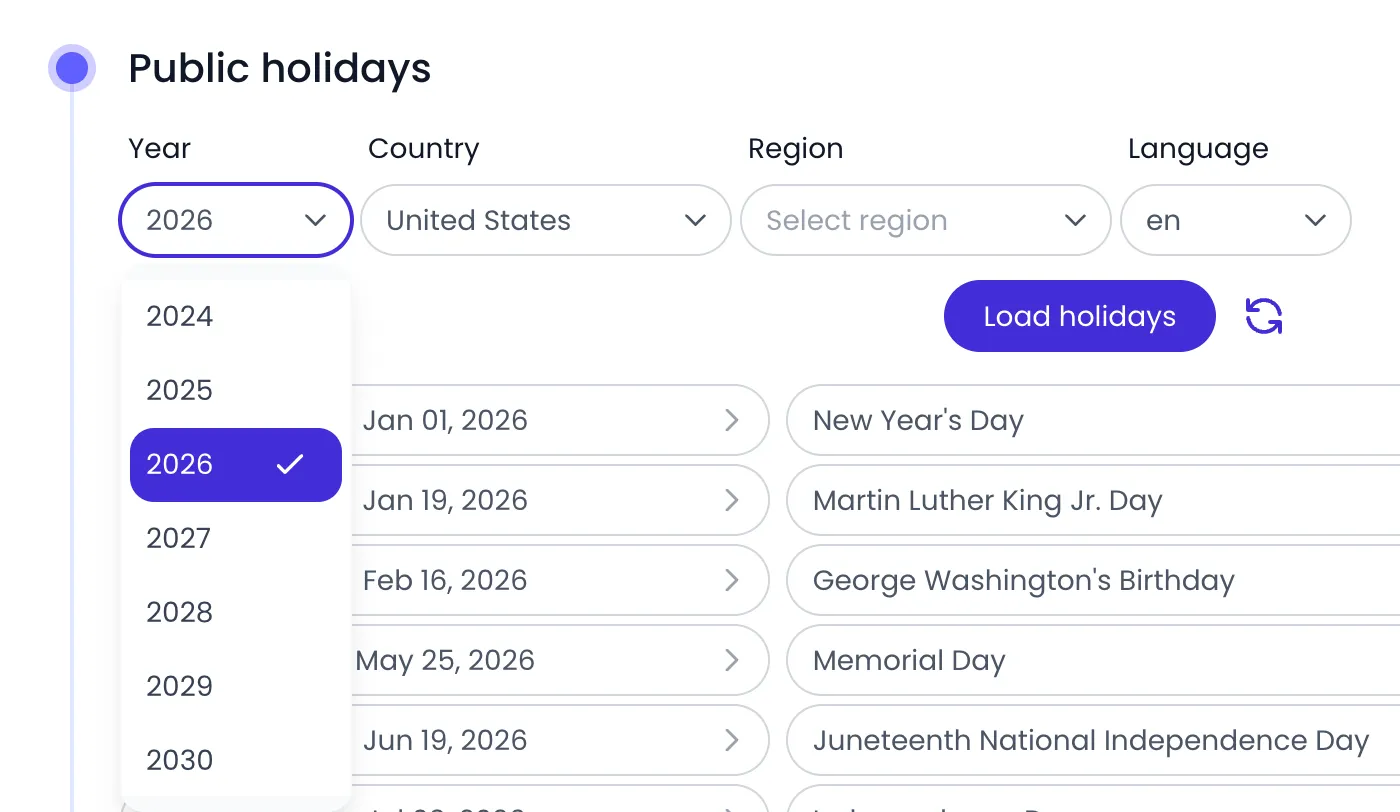 Beebole Public holidays panel with the Year selector open on 2026 and listing 2024, 2025, 2026 (checked), 2027, 2028, 2029 and 2030, next to the Country set to United States, the Region and Language selectors and the first holidays of 2026