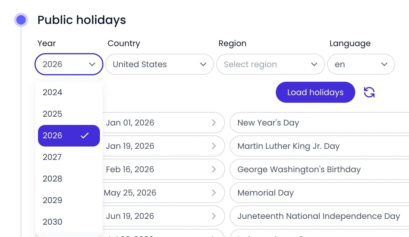 Beebole Public holidays panel with the Year selector open on 2026 and listing 2024, 2025, 2026 (checked), 2027, 2028, 2029 and 2030, next to the Country set to United States, the Region and Language selectors and the first holidays of 2026