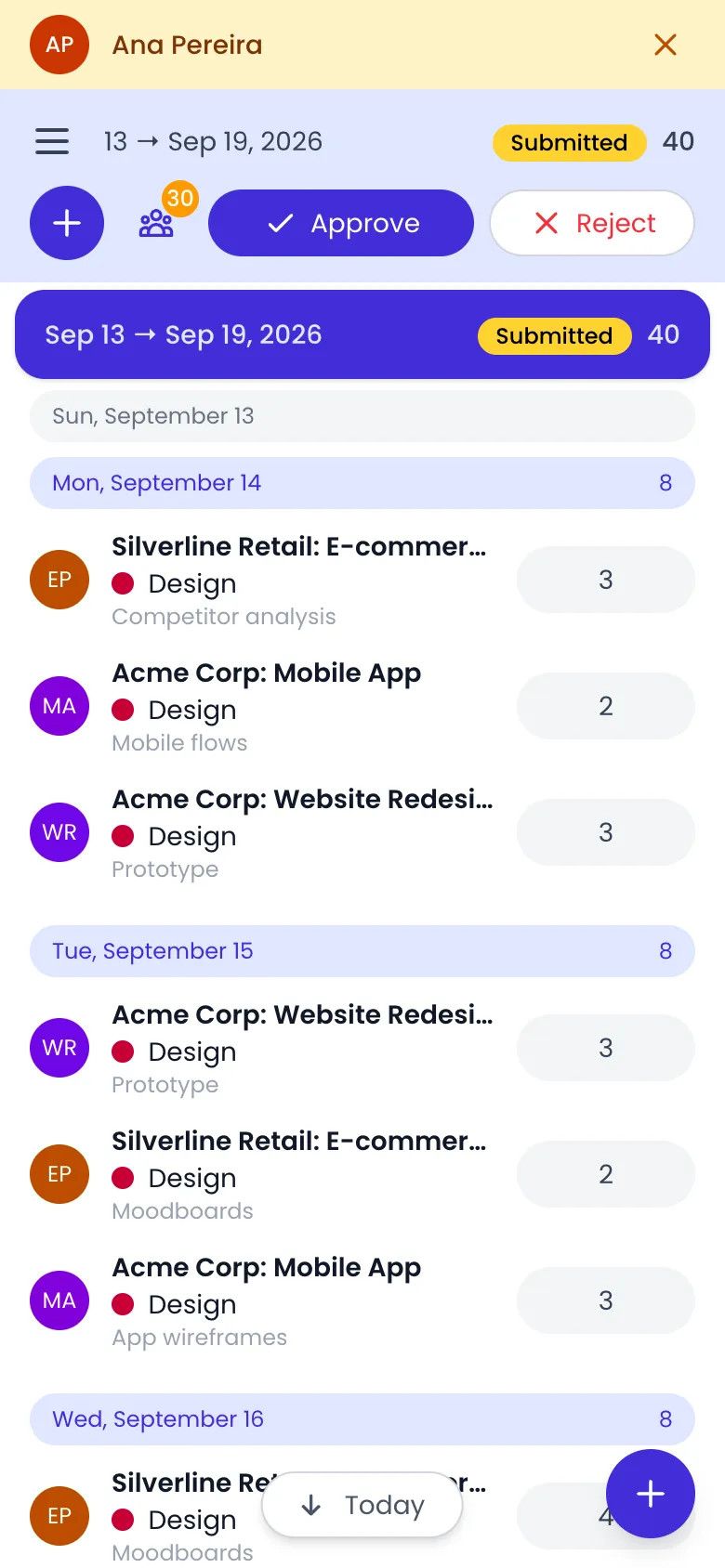 Beebole timesheet of Ana Pereira on a phone, her name in a yellow bar at the top, the week of Sep 13 to Sep 19, 2026 marked Submitted with 40 hours, the Approve and Reject buttons in the header, and her entries day by day
