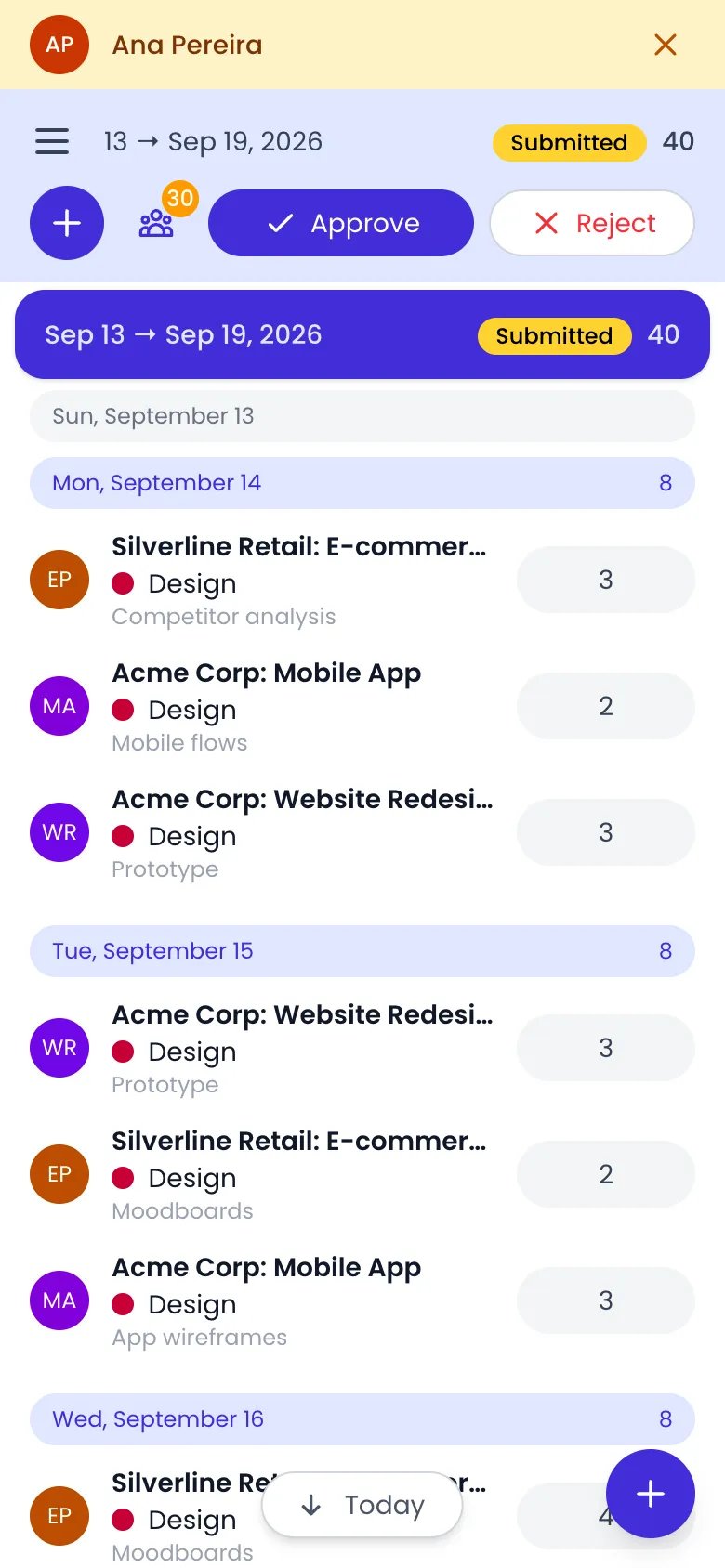 Beebole timesheet of Ana Pereira on a phone, her name in a yellow bar at the top, the week of Sep 13 to Sep 19, 2026 marked Submitted with 40 hours, the Approve and Reject buttons in the header, and her entries day by day