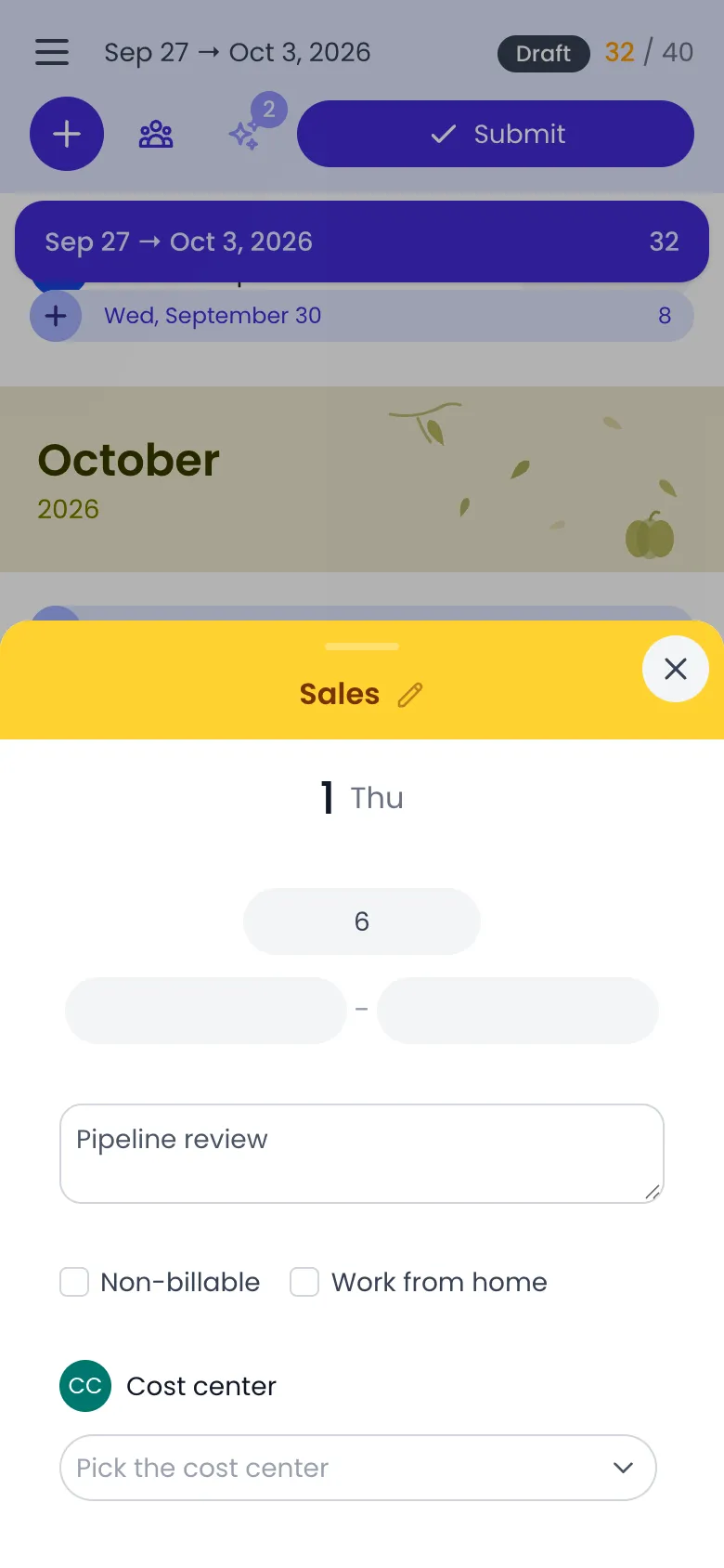 Beebole editor bottom sheet on a phone for a Sales entry on Thursday the 1st: the duration 6, empty start and end times, the comment Pipeline review, the Non-billable and Work from home checkboxes and a Cost center field
