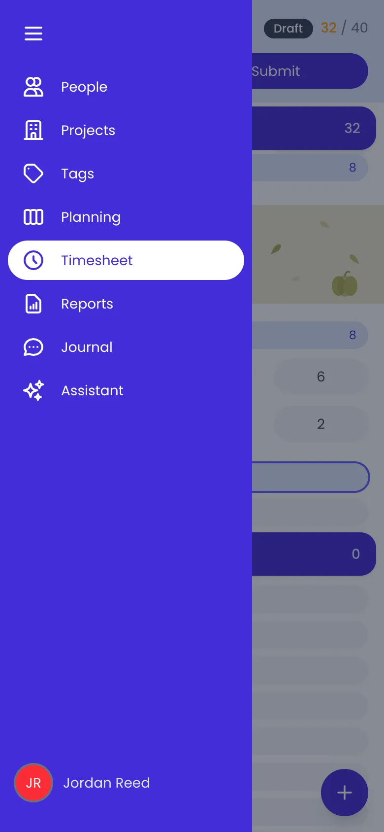 Beebole sidebar open on a phone over the timesheet, listing People, Projects, Tags, Planning, Timesheet (selected), Reports, Journal and Assistant, with Jordan Reed at the bottom