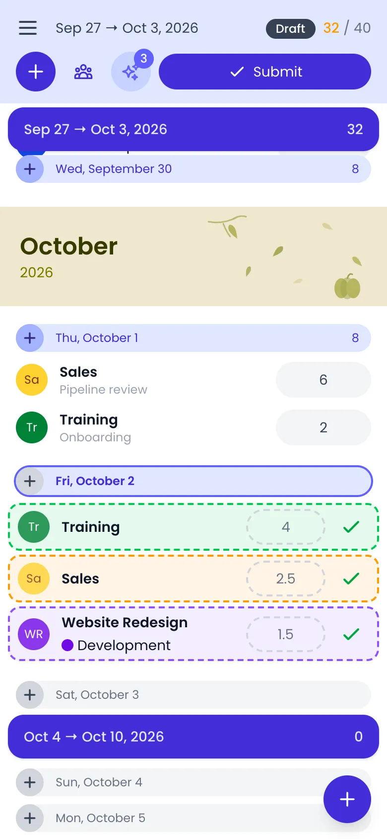 Beebole timesheet on a phone with three suggested entries on Friday, October 2 drawn as dashed rows (Training 4, Sales 2.5, and Website Redesign Development 1.5), each with a green check, under Thursday's logged Sales and Training entries, and the sparkles button showing 3 in the header