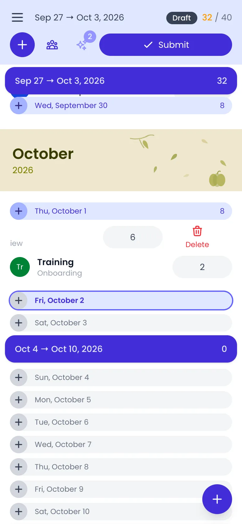 Beebole timesheet on a phone with Thursday's Sales entry slid to the left, showing its 6 hours and a red Delete button with a bin icon, next to the Training entry below