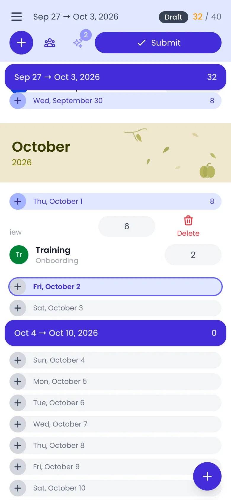Beebole timesheet on a phone with Thursday's Sales entry slid to the left, showing its 6 hours and a red Delete button with a bin icon, next to the Training entry below