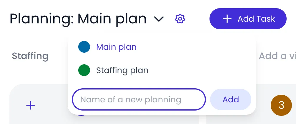 Beebole Planning page header with the planning name Main plan clicked, showing a menu with the Main plan and Staffing plan plannings, the Name of a new planning field and the Add button, next to the settings gear and the Add Task button