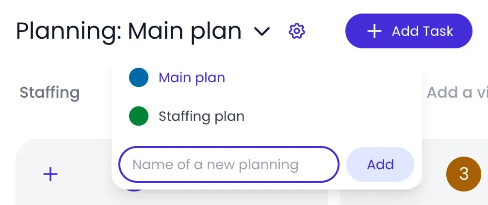Beebole Planning page header with the planning name Main plan clicked, showing a menu with the Main plan and Staffing plan plannings, the Name of a new planning field and the Add button, next to the settings gear and the Add Task button