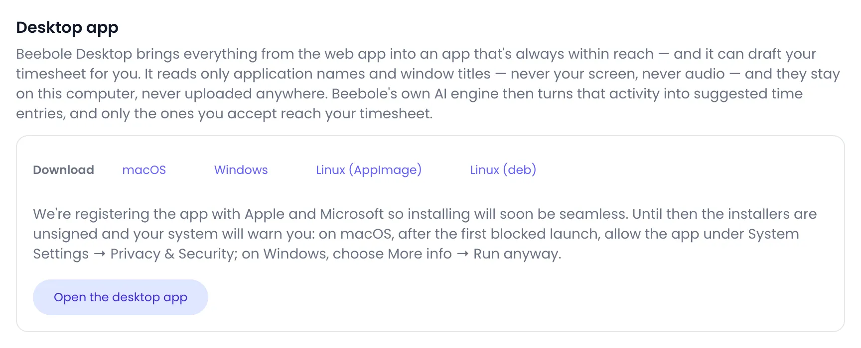 Beebole Desktop app section with download links for macOS, Windows, Linux (AppImage) and Linux (deb), the note about unsigned installers and the Open the desktop app button