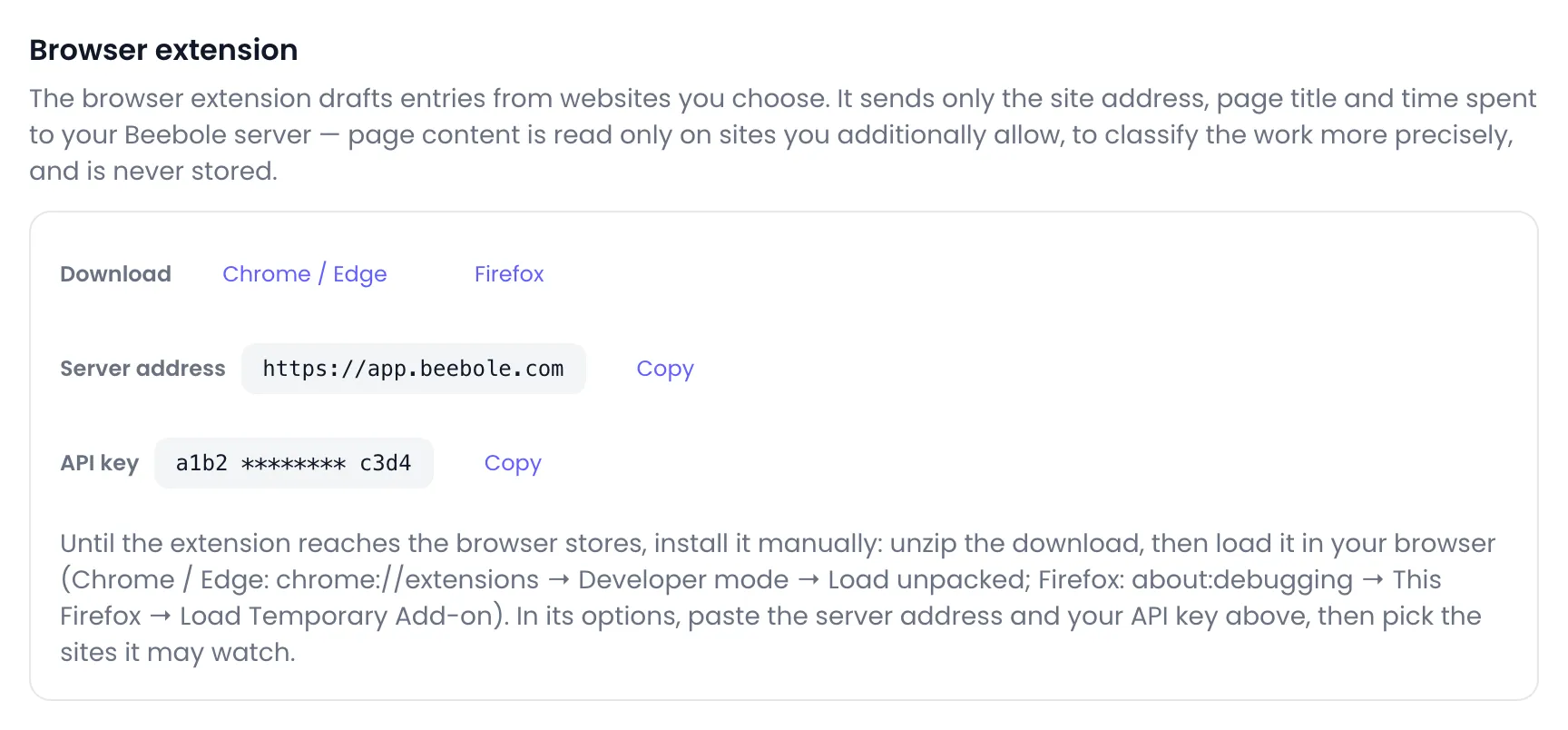 Beebole Browser extension section with Chrome / Edge and Firefox download links, the Server address https://app.beebole.com and the masked API key, each with a Copy button, and the manual install instructions