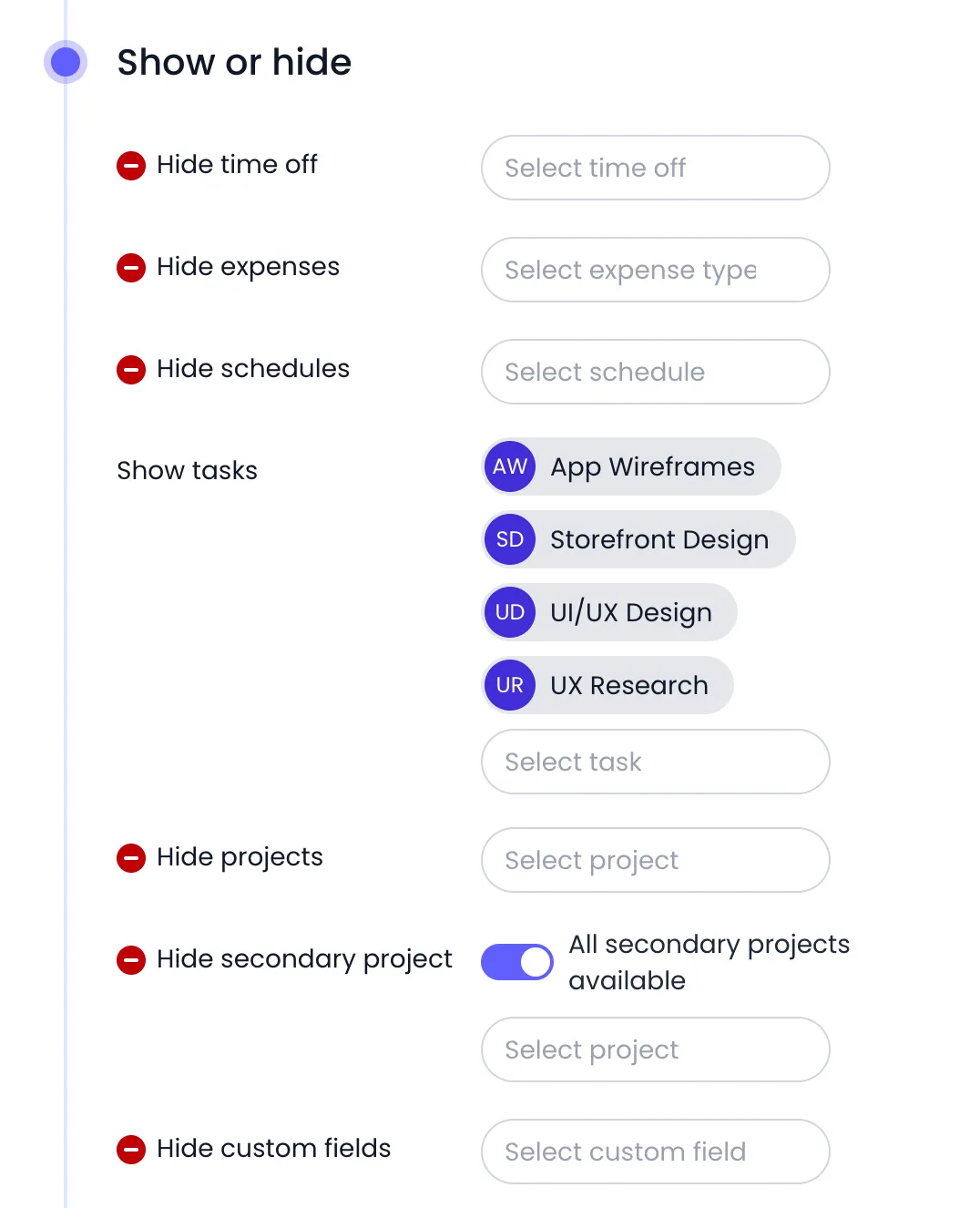 Beebole Show or hide panel on Ana Pereira's profile with Hide time off, Hide expenses and Hide schedules selectors, Show tasks listing App Wireframes, Storefront Design, UI/UX Design and UX Research, Hide projects, Hide secondary project with All secondary projects available switched on, and Hide custom fields