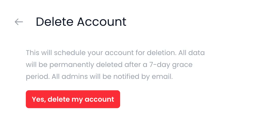 Beebole Delete Account screen explaining that the account is scheduled for deletion, that all data is permanently deleted after a 7-day grace period and that all admins are notified by email, with the red Yes, delete my account button