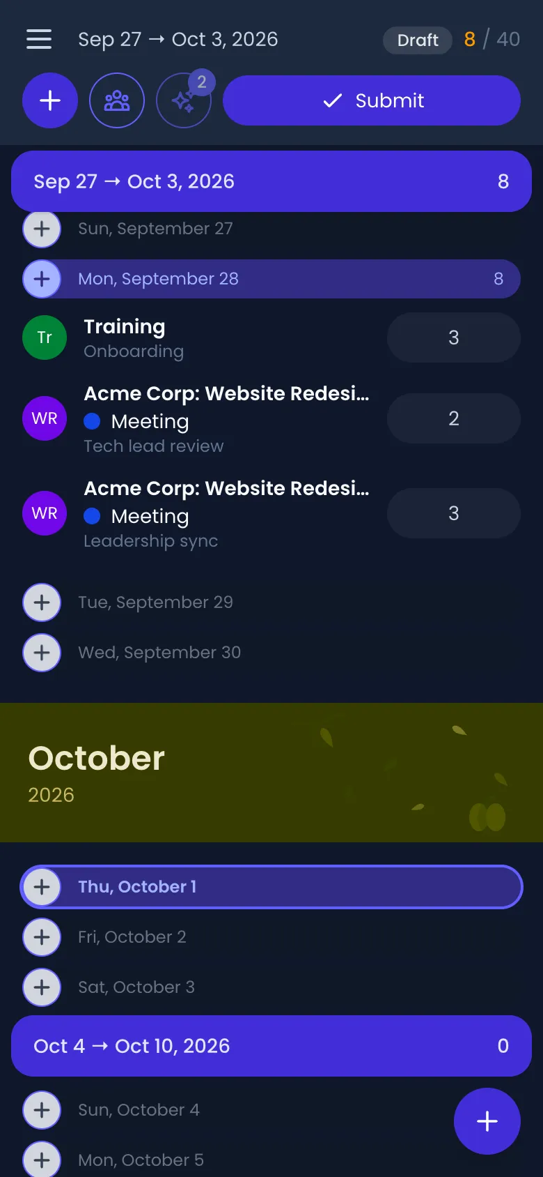 Beebole timesheet on a phone in dark mode: a dark background with the week header, Monday's three time entries on dark cards, the October month banner and today highlighted