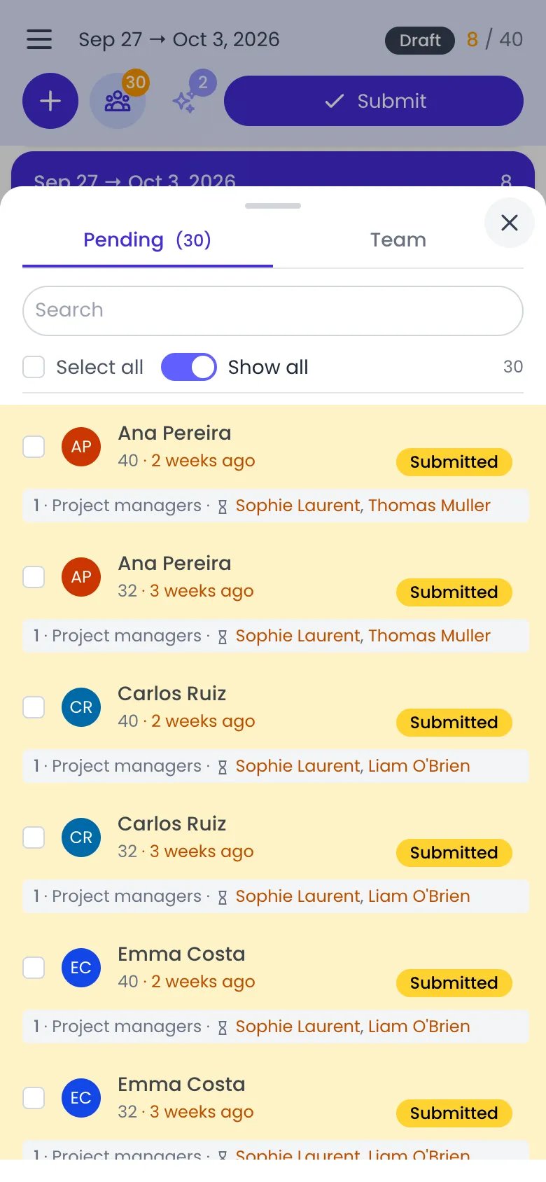 Beebole approval bottom sheet on a phone with the Pending tab selected showing 30 timesheets, a Search field, Select all and Show all, and one card per submitted week with the person, hours, how long ago it was submitted, a Submitted badge and the project managers it waits for