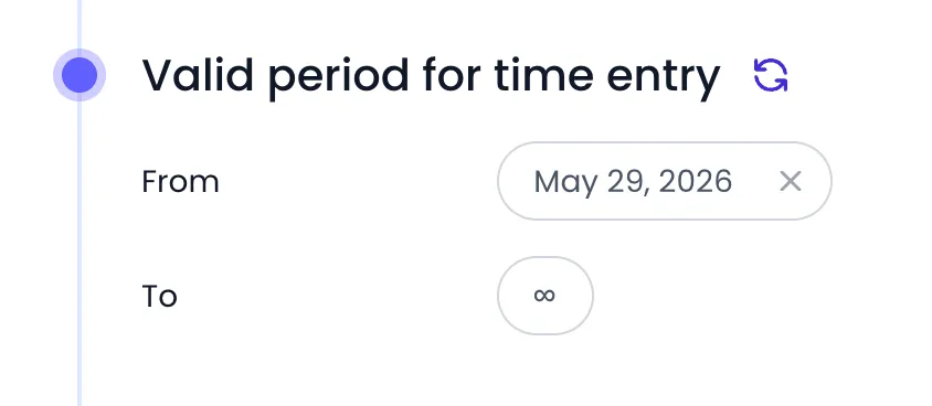 Beebole Valid period for time entry panel on a person with From set to May 29, 2026 and To left empty, shown as an infinity sign