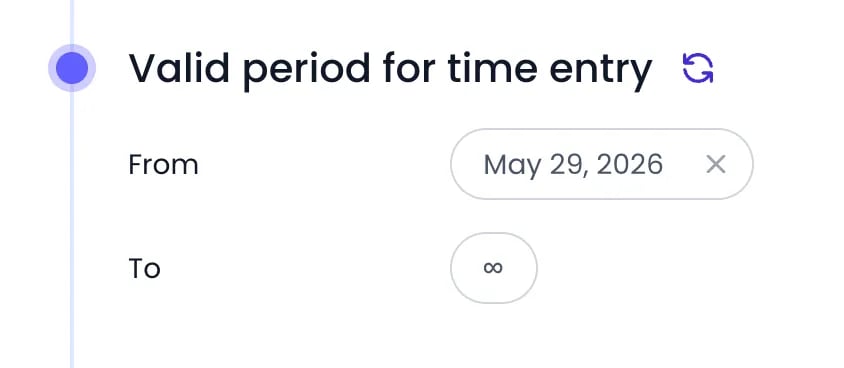 Beebole Valid period for time entry panel on a person with From set to May 29, 2026 and To left empty, shown as an infinity sign
