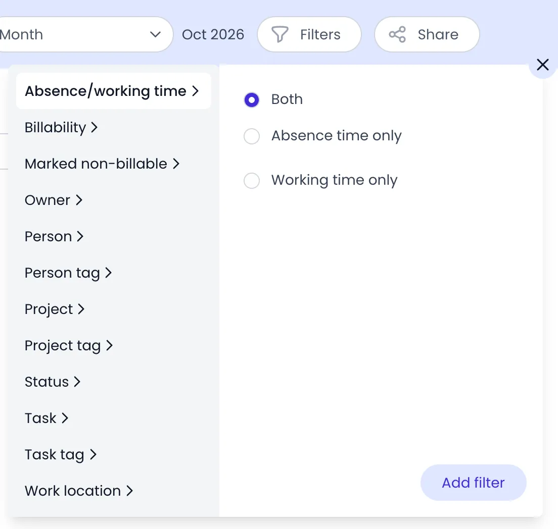 Beebole report folder Filters menu with Absence/working time selected among the filter types, its three choices Both, Absence time only and Working time only, and the Add filter button