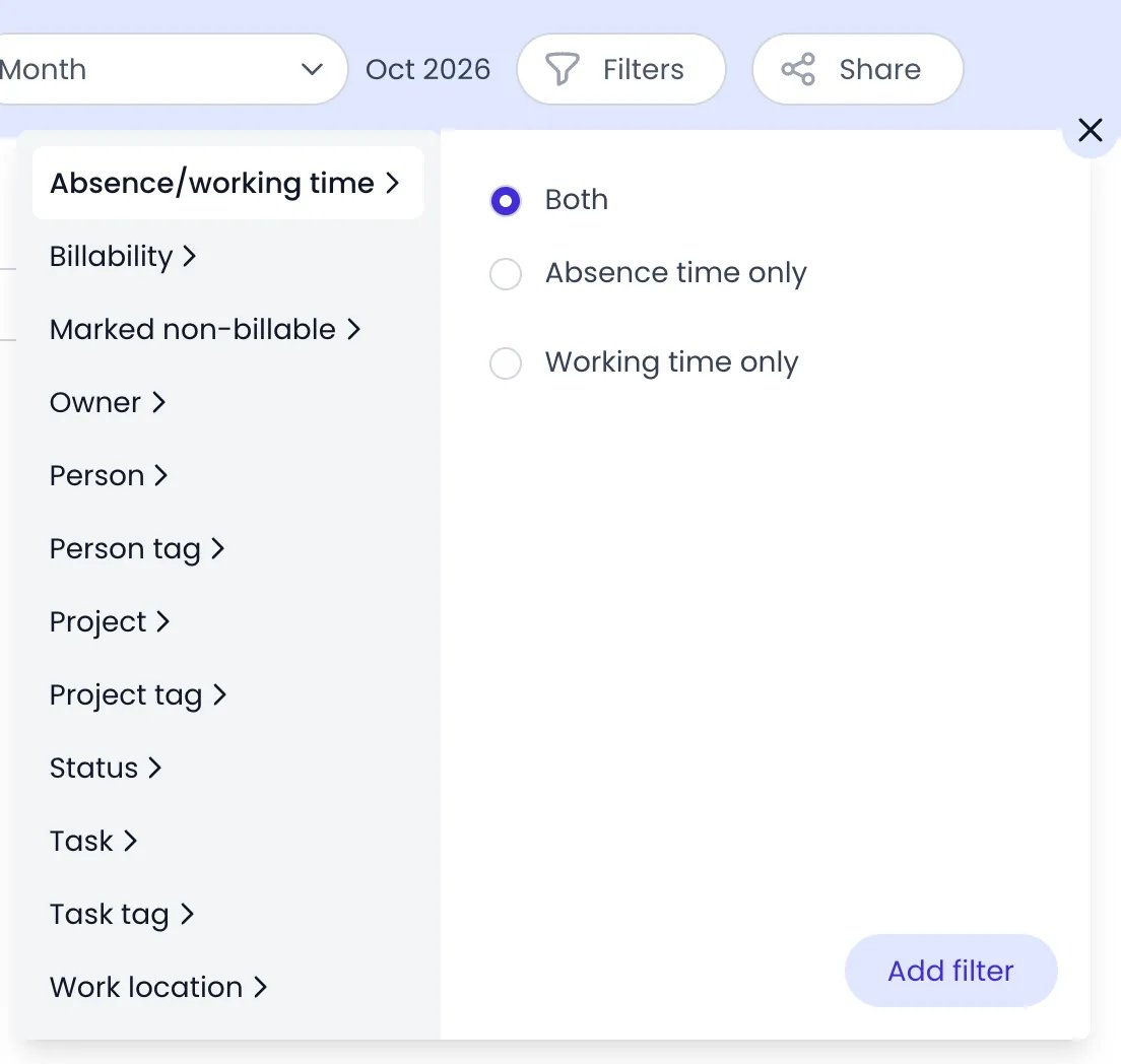 Beebole report folder Filters menu with Absence/working time selected among the filter types, its three choices Both, Absence time only and Working time only, and the Add filter button