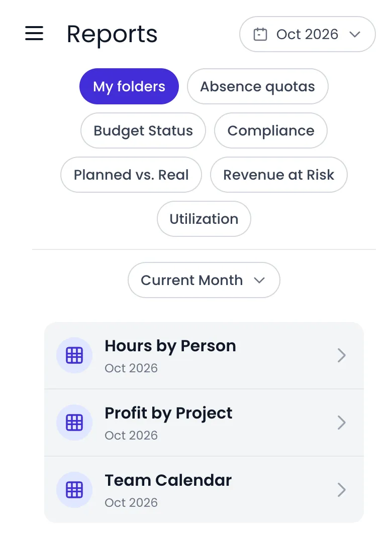 Beebole Reports on a phone with the Oct 2026 period chip at the top right, chips for My folders, Absence quotas, Budget Status, Compliance, Planned vs. Real, Revenue at Risk and Utilization, the Current Month folder picker, and cards for the Hours by Person, Profit by Project and Team Calendar reports