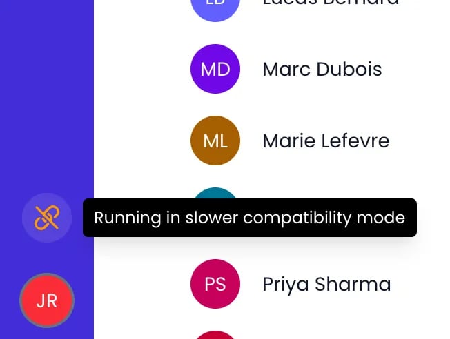 Beebole sidebar with an orange broken-link icon just above the initials button, and its tooltip reading Running in slower compatibility mode
