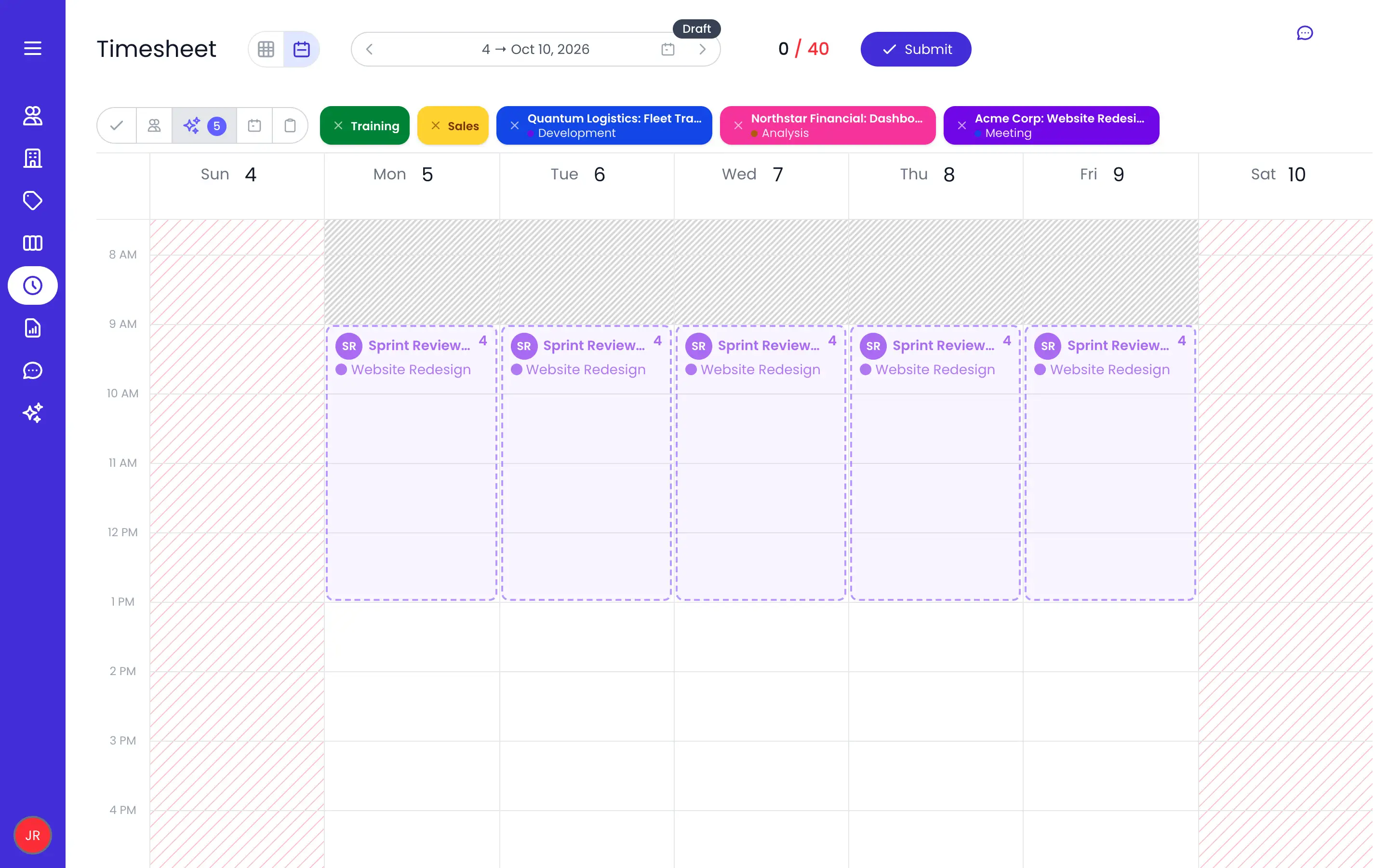 Beebole timesheet calendar view of the week of October 4 to 10, 2026, with a muted, dashed forecast card for the planned Sprint Review Prep task on Website Redesign each day from Monday to Friday, 4 hours each