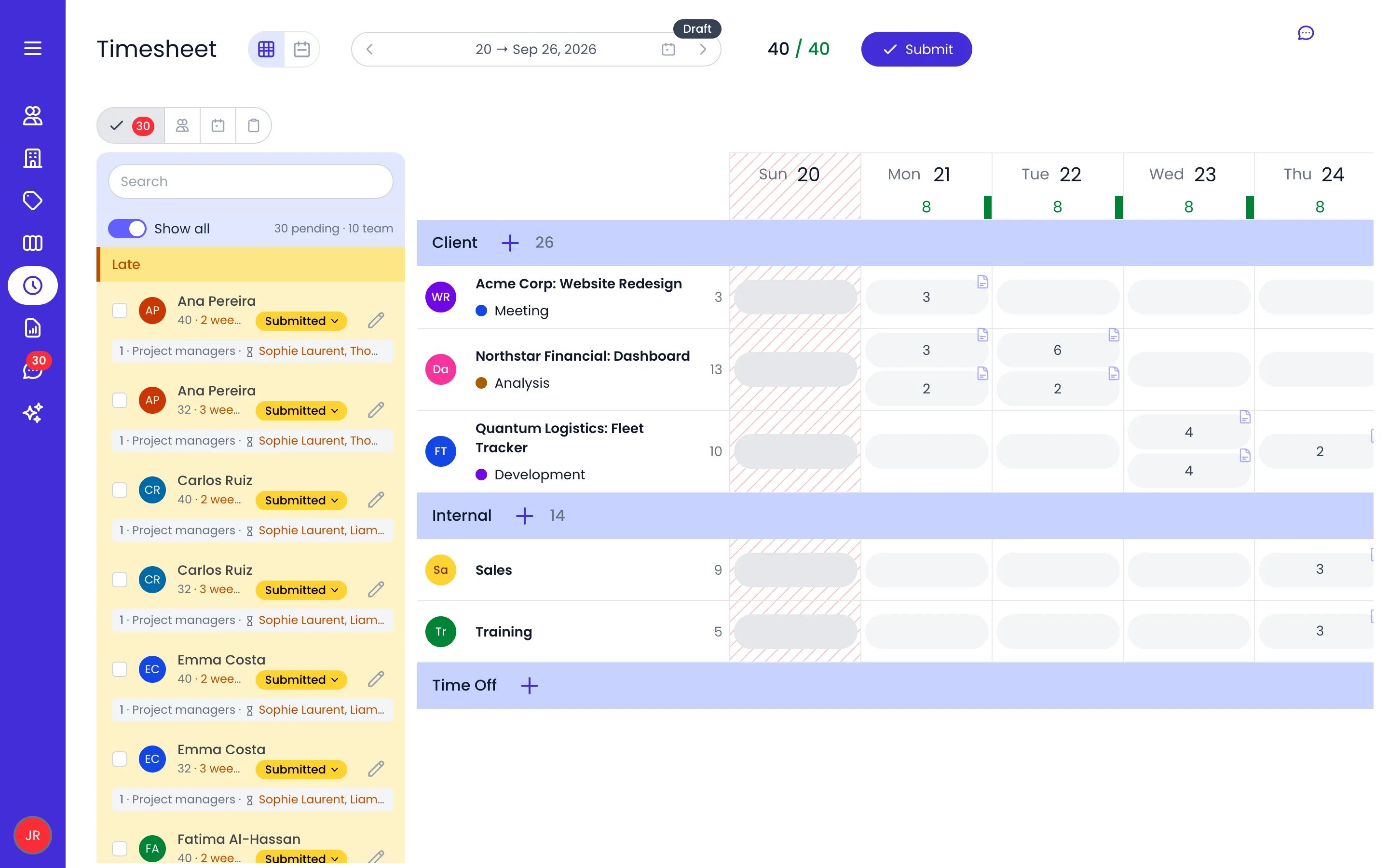 Beebole timesheet with the Pending pane open and Show all turned on, listing late submitted timesheets with each person's hours, their Submitted status and the pending Project managers stage