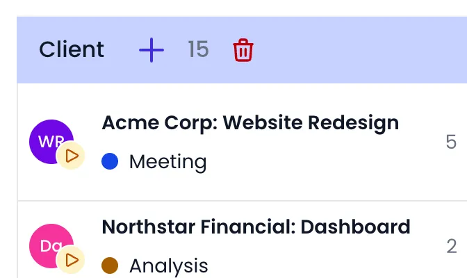 Beebole timesheet Client section header hovered, showing the add row button, the row count 5 and a red trash button with the tooltip Clear all rows in this section, above the Acme Corp: Website Redesign and Northstar Financial: Dashboard rows