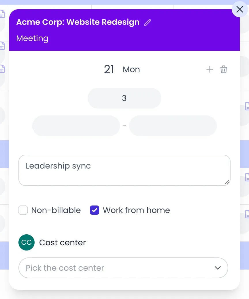 Beebole timesheet entry details showing the time spent, empty start and end times, a note, the Non-billable and Work from home checkboxes, and an empty Cost center custom field