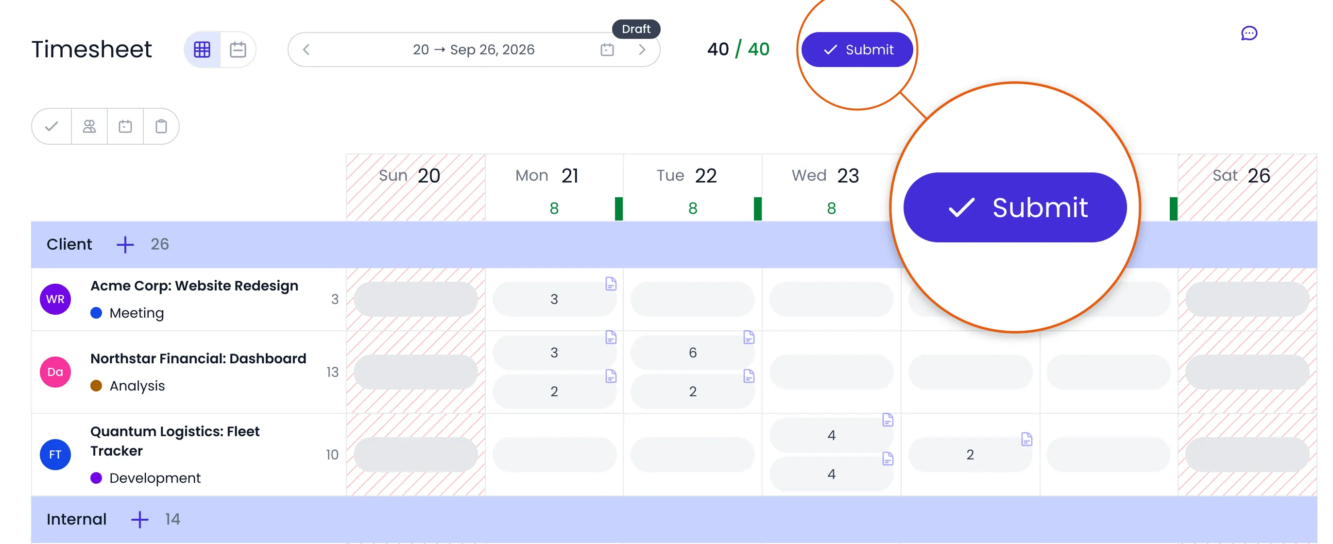 Beebole timesheet for the week of September 20 to 26, 2026, marked Draft, with 40 of 40 hours logged and a magnified view of the Submit button at the top right