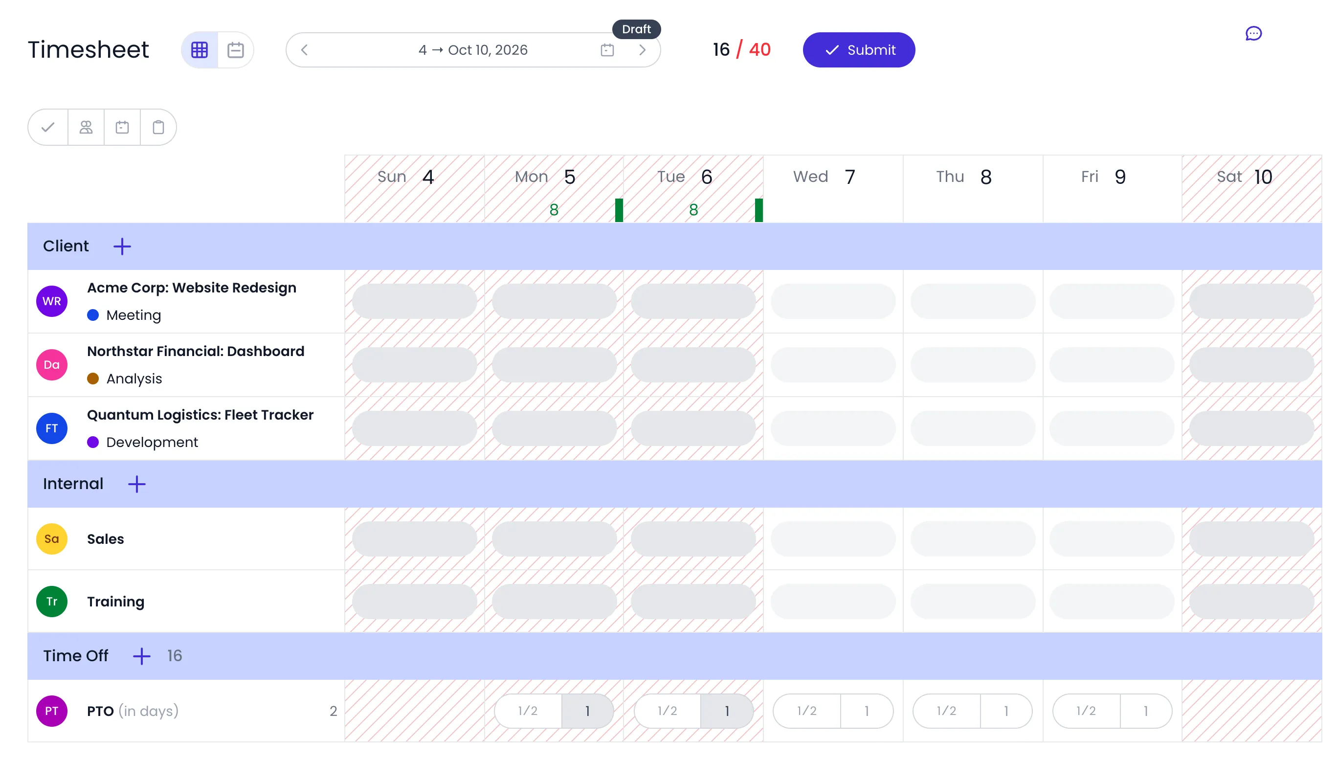 Beebole timesheet grid view for the week of October 4 to 10, 2026, with a PTO row in days under the Time Off section: Monday and Tuesday set to 1 day, the half-day and full-day buttons on the other weekdays, and those two days shaded as days off