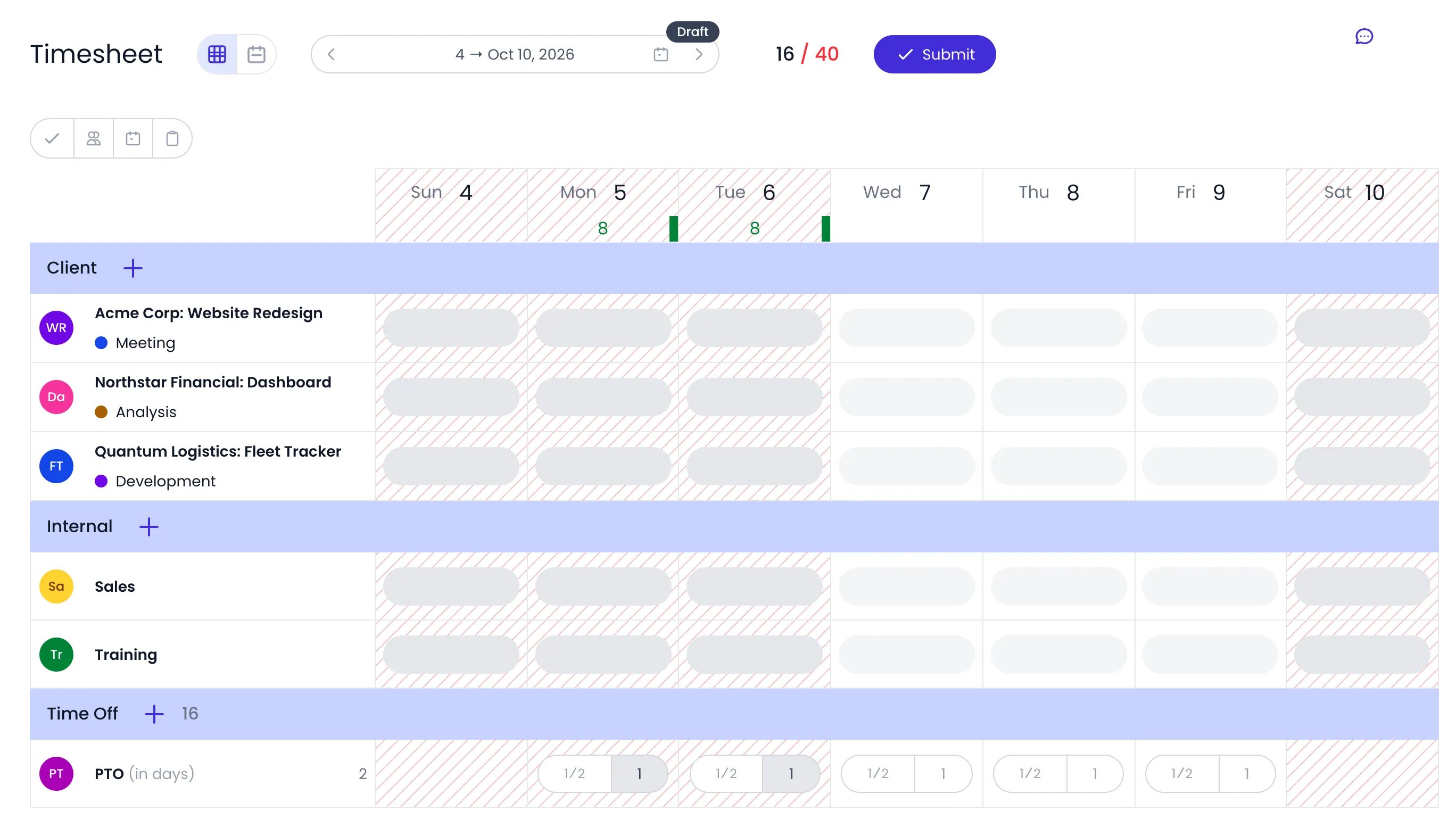 Beebole timesheet grid view for the week of October 4 to 10, 2026, with a PTO row in days under the Time Off section: Monday and Tuesday set to 1 day, the half-day and full-day buttons on the other weekdays, and those two days shaded as days off