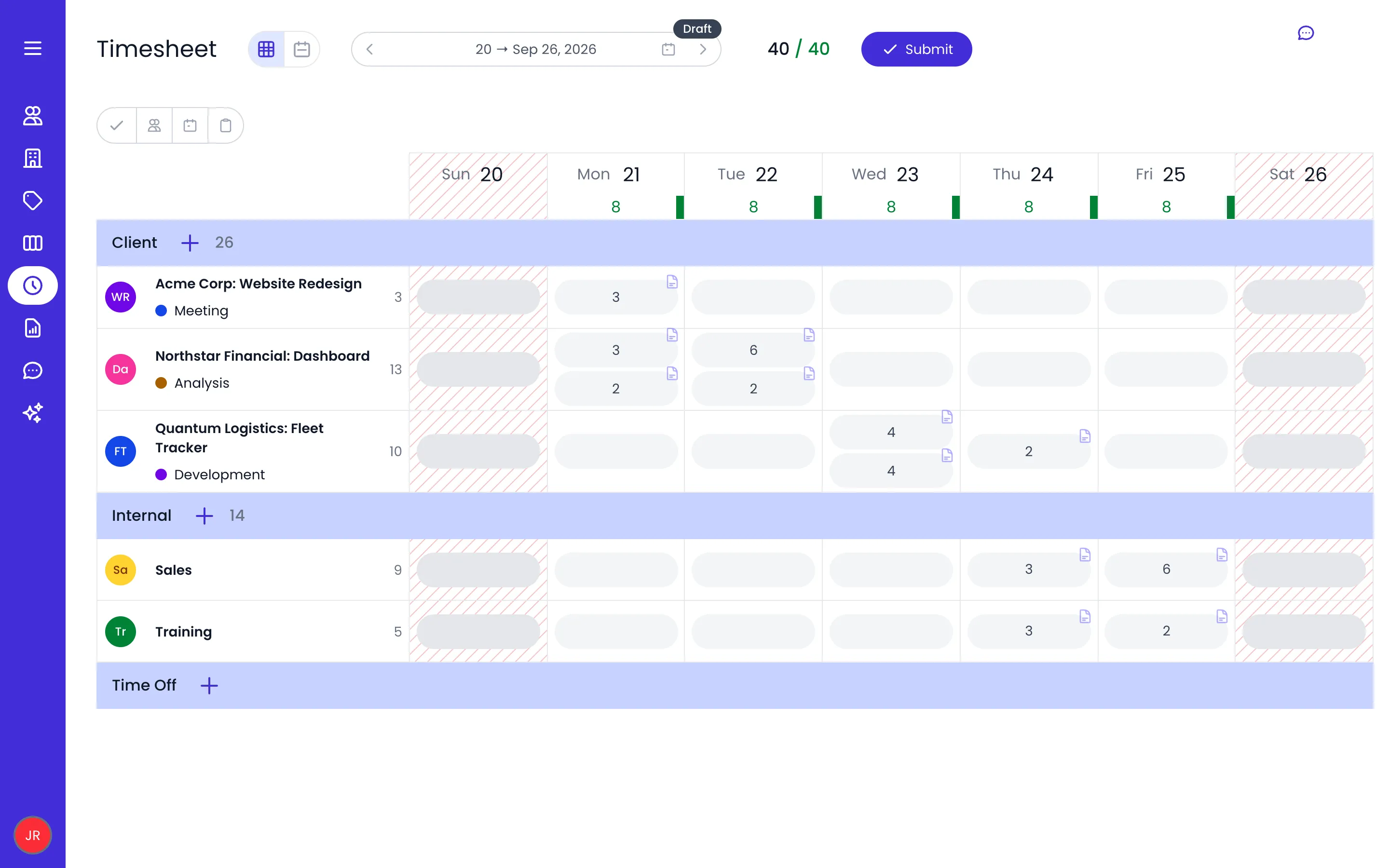 Beebole weekly timesheet grid showing client and internal project rows, day columns with 8 reported hours each, and a 40 of 40 hours weekly total