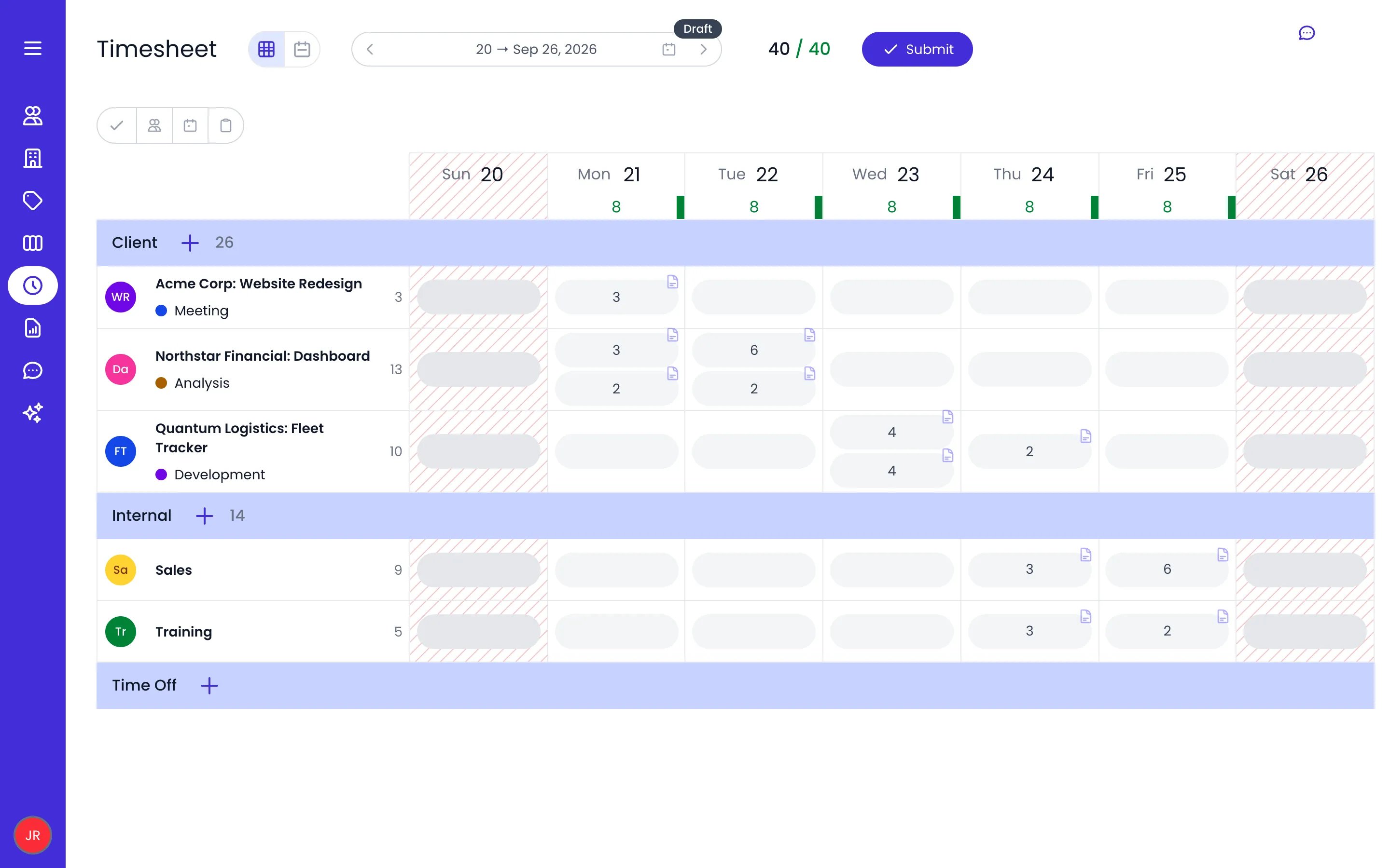 Beebole weekly timesheet grid showing client and internal project rows, day columns with 8 reported hours each, and a 40 of 40 hours weekly total