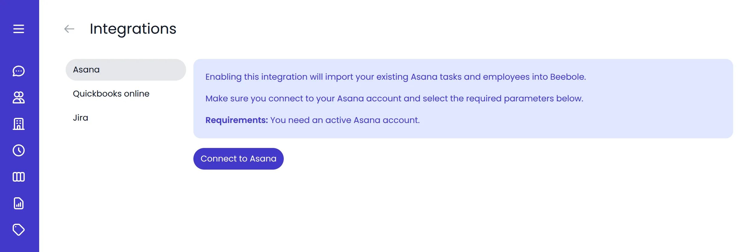 Beebole Asana integration connect button