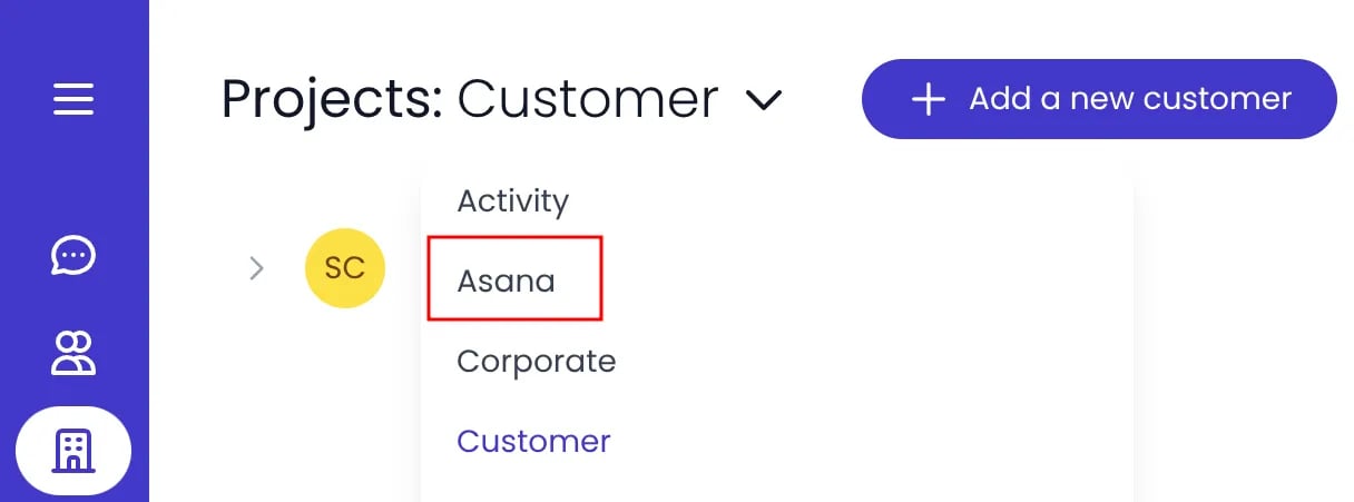 Beebole projects page showing imported Asana category