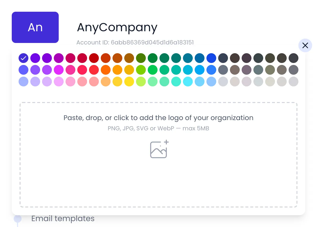Beebole Account Settings header of AnyCompany with the initials square clicked, showing the color palette with the current color checked and the Paste, drop, or click to add the logo of your organization area below it