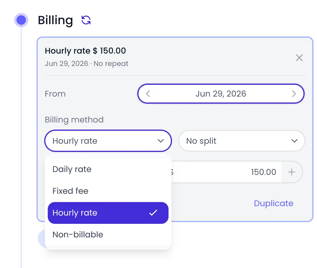 Beebole Billing panel of the Acme Corp project with a rate card open and the billing method picker listing Daily rate, Fixed fee, Hourly rate (selected) and Non-billable