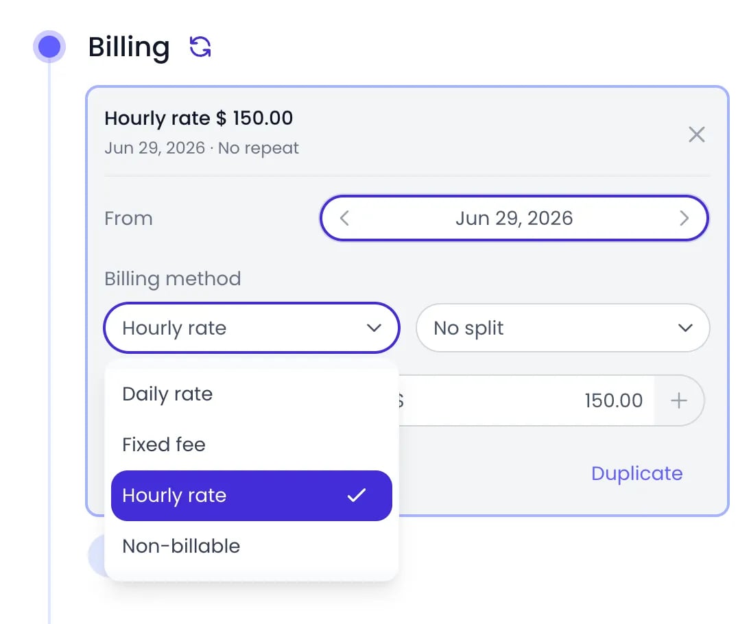 Beebole Billing panel of the Acme Corp project with a rate card open and the billing method picker listing Daily rate, Fixed fee, Hourly rate (selected) and Non-billable
