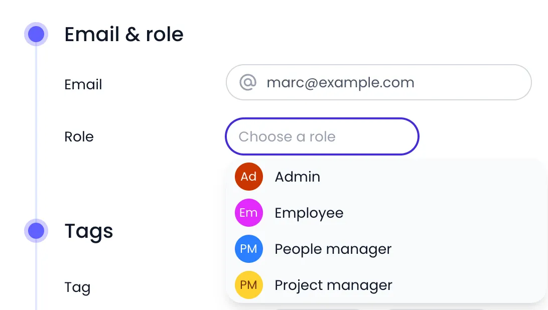 Beebole Email & role panel of Marc Dubois with his email address and the Choose a role selector open, listing the Admin, Employee, People manager and Project manager roles
