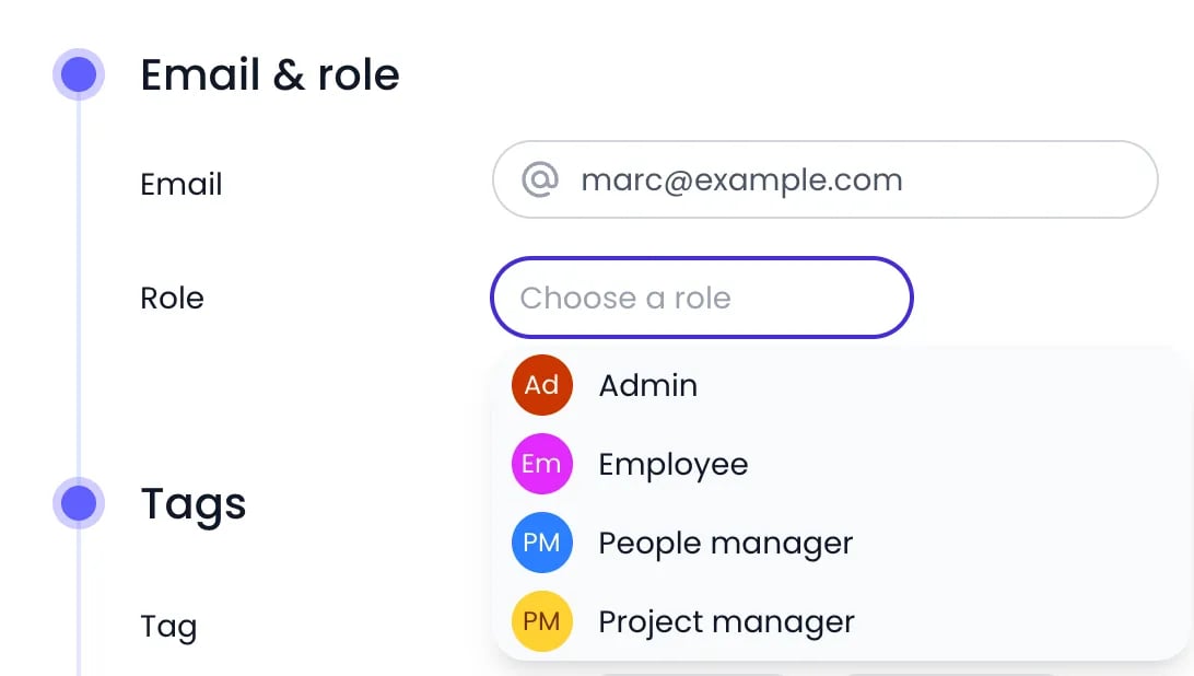 Beebole Email & role panel of Marc Dubois with his email address and the Choose a role selector open, listing the Admin, Employee, People manager and Project manager roles