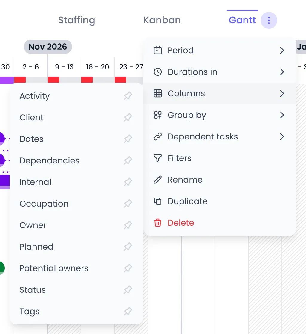 Beebole Gantt view tab menu with Columns hovered and its submenu listing Activity, Client, Dates, Dependencies, Internal, Occupation, Owner, Planned, Potential owners, Status and Tags, each with a pin icon, none of them shown yet