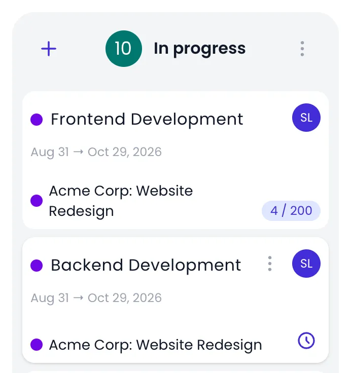 Beebole Kanban In progress column with the Frontend Development card showing a 4 / 200 pill for 4 hours logged out of 200 planned, and the Backend Development card under the mouse showing its clock button